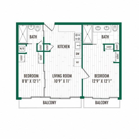 Floor plan for 2 beds, 2 baths, 898 sqft